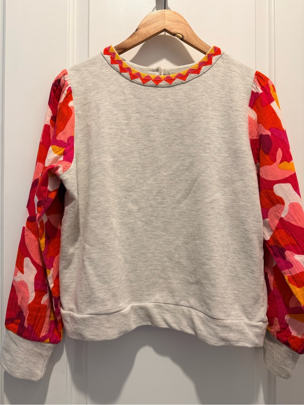Kids Neutral Sweatshirt with Pink & Red Patterned Sleeves